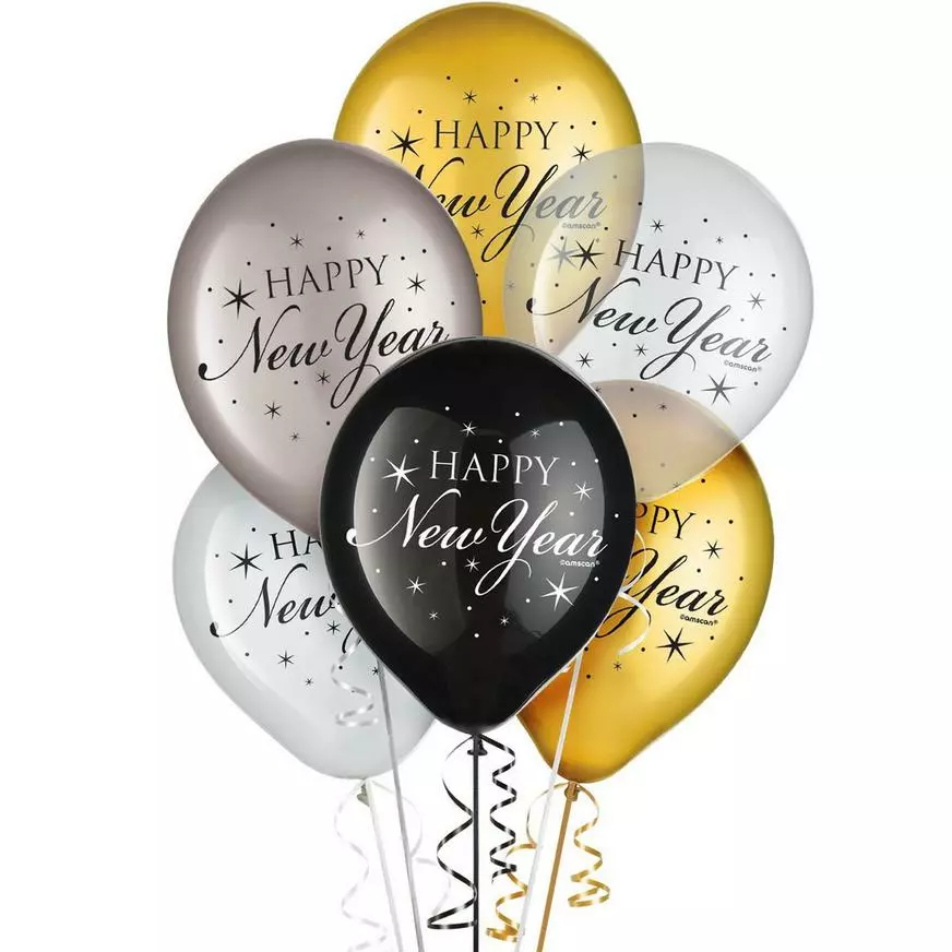 15ct, 12in, Black, Silver & Gold Happy New Year Sparkles Latex Balloons 3 15ct, 12in, Black, Silver & Gold Happy New Year Sparkles Latex Balloons