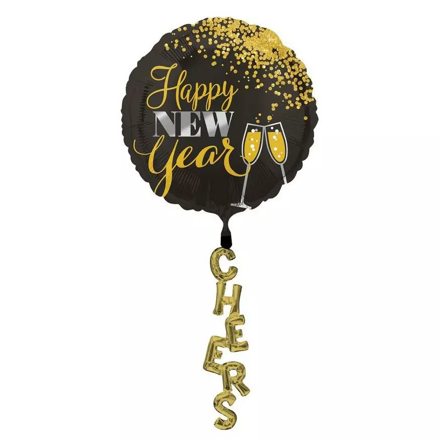 Black, Gold & Silver New Year's Balloon With Tail - Giant, 89in 3 Black, Gold & Silver New Year's Balloon With Tail - Giant, 89in
