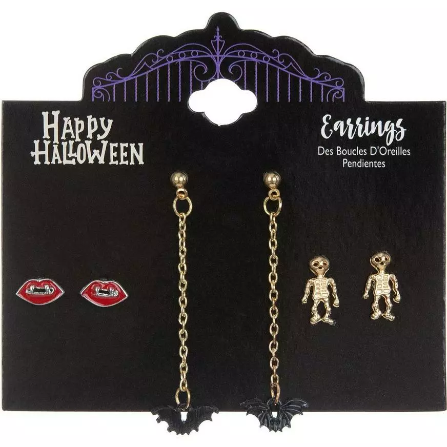 Bats, Fangs & Skeletons Halloween Earring Set, 3ct 3 Bats, Fangs & Skeletons Halloween Earring Set, 3ct