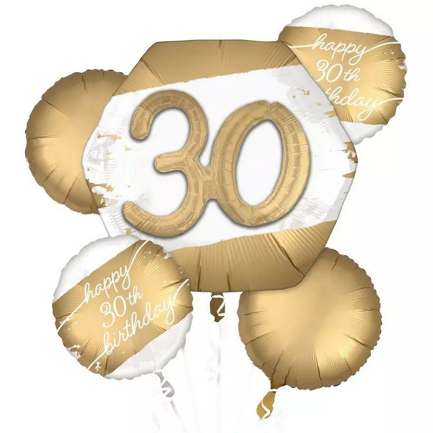 Satin Golden Age Happy 30th Birthday Foil Balloon Bouquet, 5pc 3 Satin Golden Age Happy 30th Birthday Foil Balloon Bouquet, 5pc