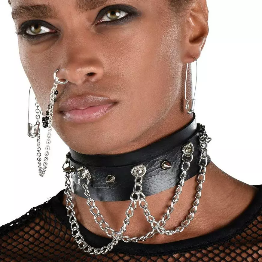 AMSCAN Adult Spiked Dog Collar Choker With Chains - Punk 4 AMSCAN Adult Spiked Dog Collar Choker With Chains - Punk - Image 2