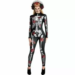 AMSCAN Black & Red Skeleton Catsuit With Butterflies For Adults - Day Of The Dead