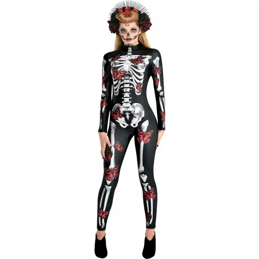 AMSCAN Black & Red Skeleton Catsuit With Butterflies For Adults - Day Of The Dead 3 AMSCAN Black & Red Skeleton Catsuit With Butterflies For Adults - Day Of The Dead