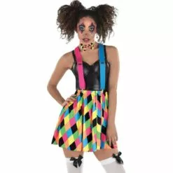 Adult Neon Harlequin Skirt With Suspenders & Bow Tie - Skater Clown
